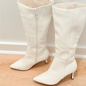 TOP Moda White Mid-Calf Pointed-Toe Kitten Heel Boots